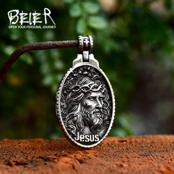 BEIER 2023 New Arrival Christian Jesus Pendant Oval Shape Exquisite Vintage Men's Necklace Crown of Thorns Jesus Jewelry Gift