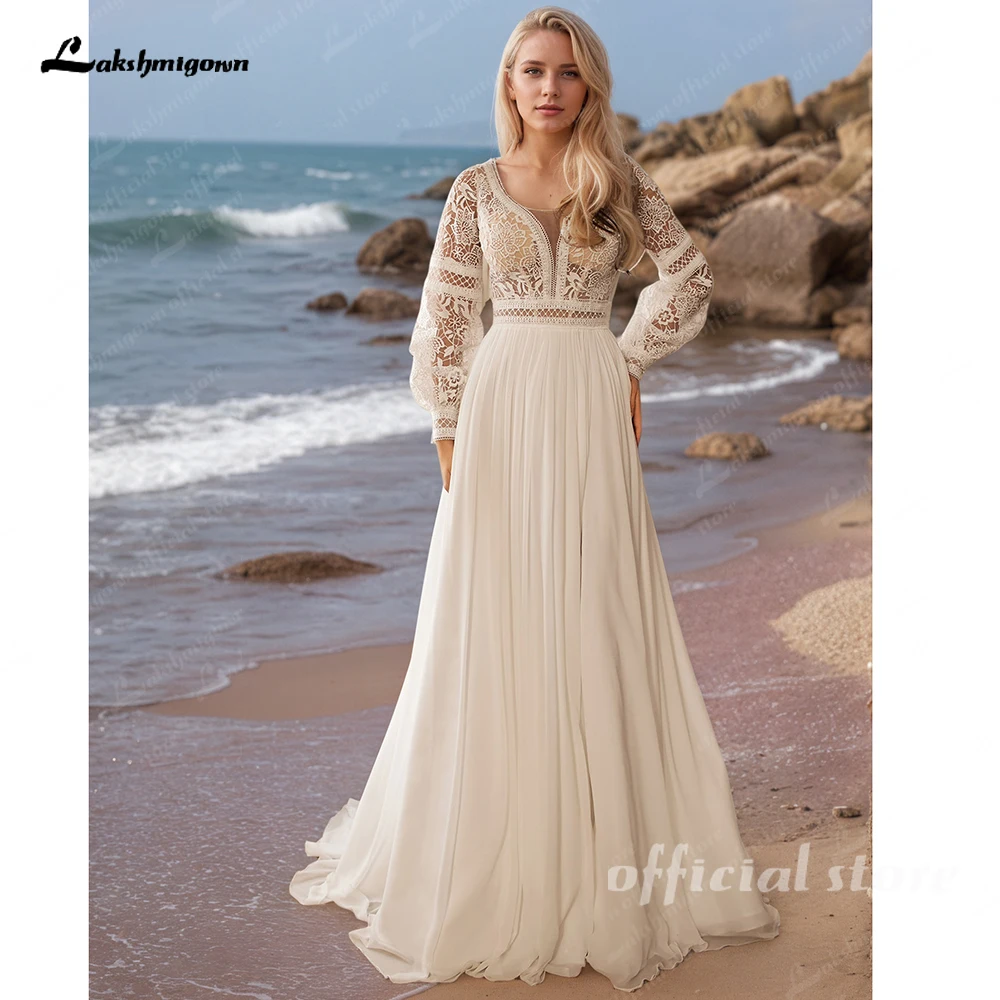 

Lakshmigown Beach Wedding Dress 2025 Customized Puff Sleeeves V Neck Lace Applique Chiffon A Line Beach Bridal Gown Lace Up Back