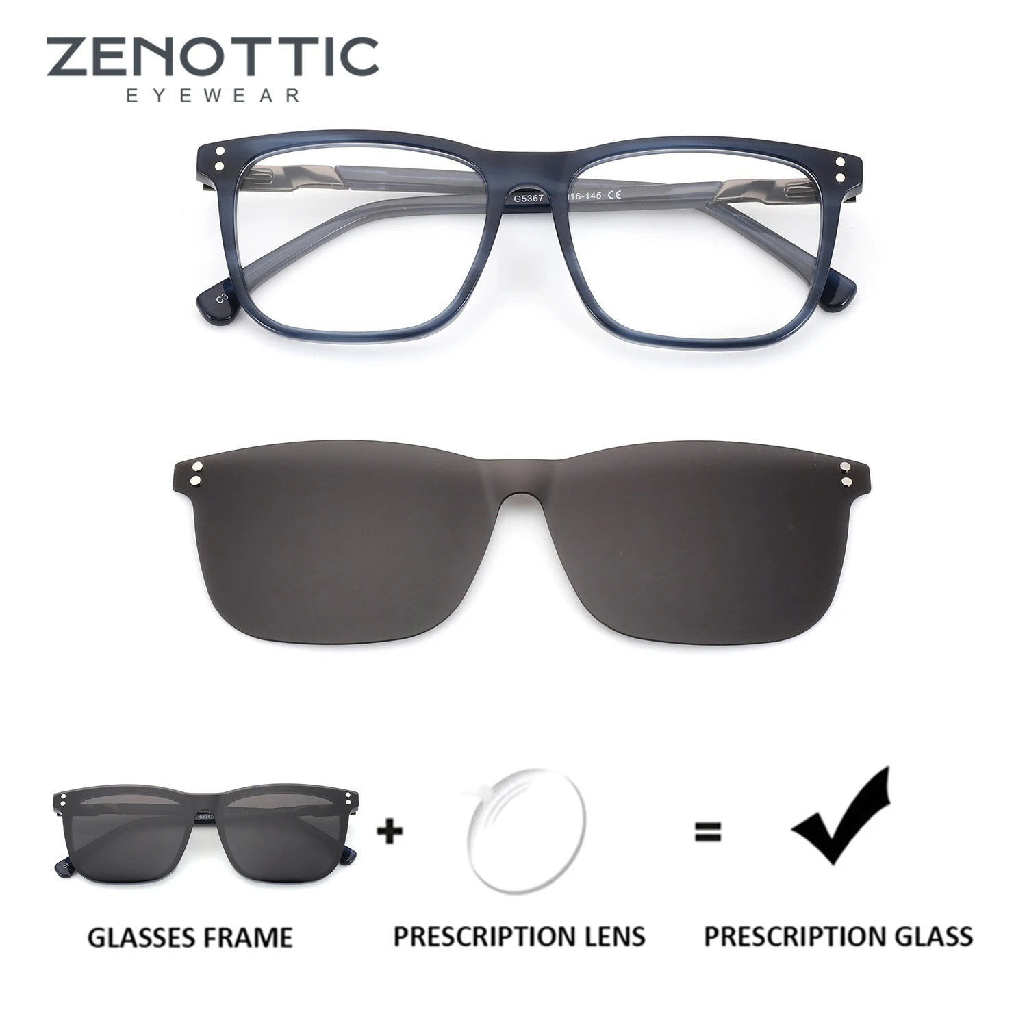 

ZENOTTIC（L Size）Magnetic Clip Prescription Glasses for Men Square Acetate Frame Sunglasses Attachment