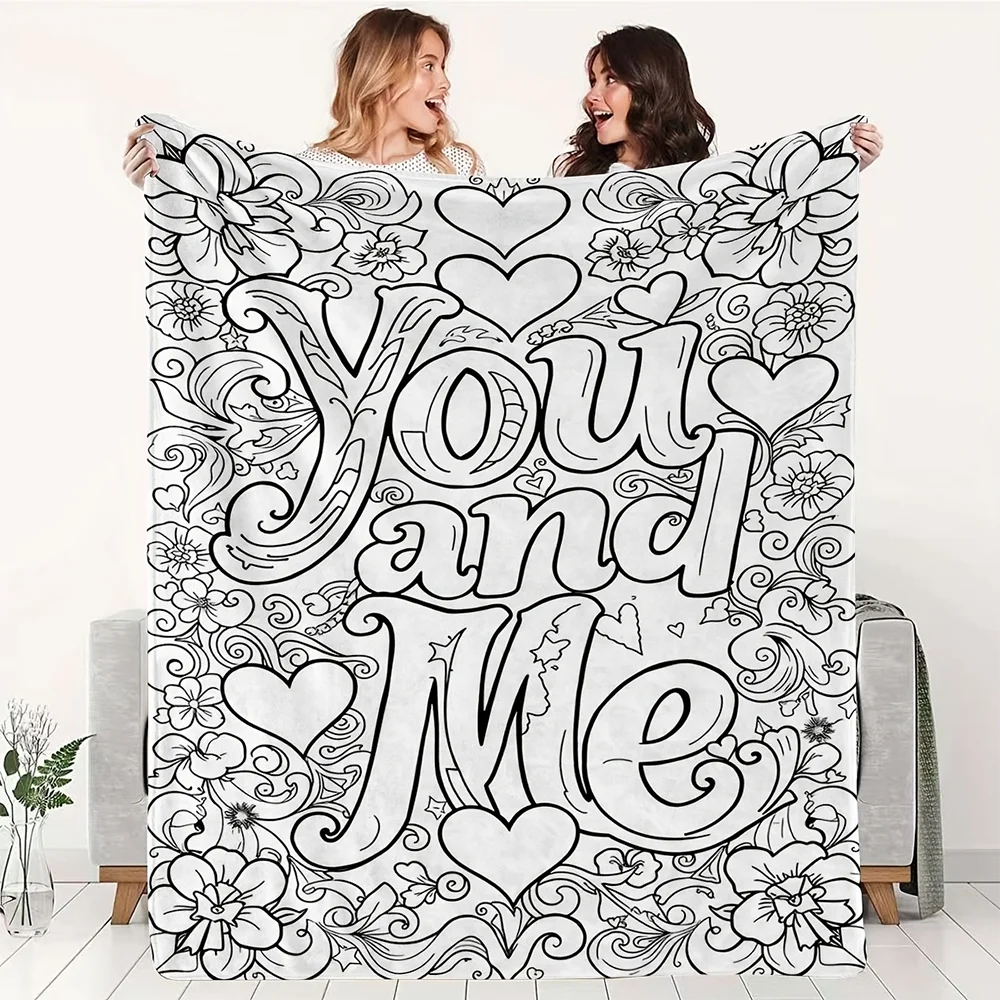 You And Me Floral Coloring Art Pattern Ultra Soft Warm Cozy Fluffy Throw Blanket for Living Room Bedroom Home Decor