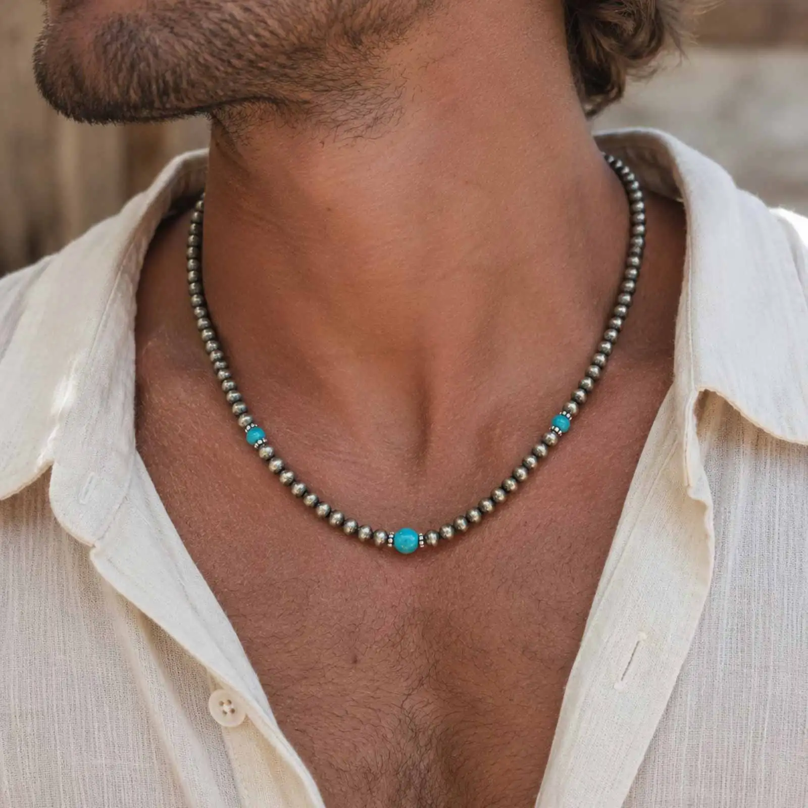 Böhmische Acryl-Samenperlen-Halskette für Männer, Handgefertigter Strang aus Natursteinperlen, Kurze Halskette, Einfacher Schmuck für Partys – Detail 4