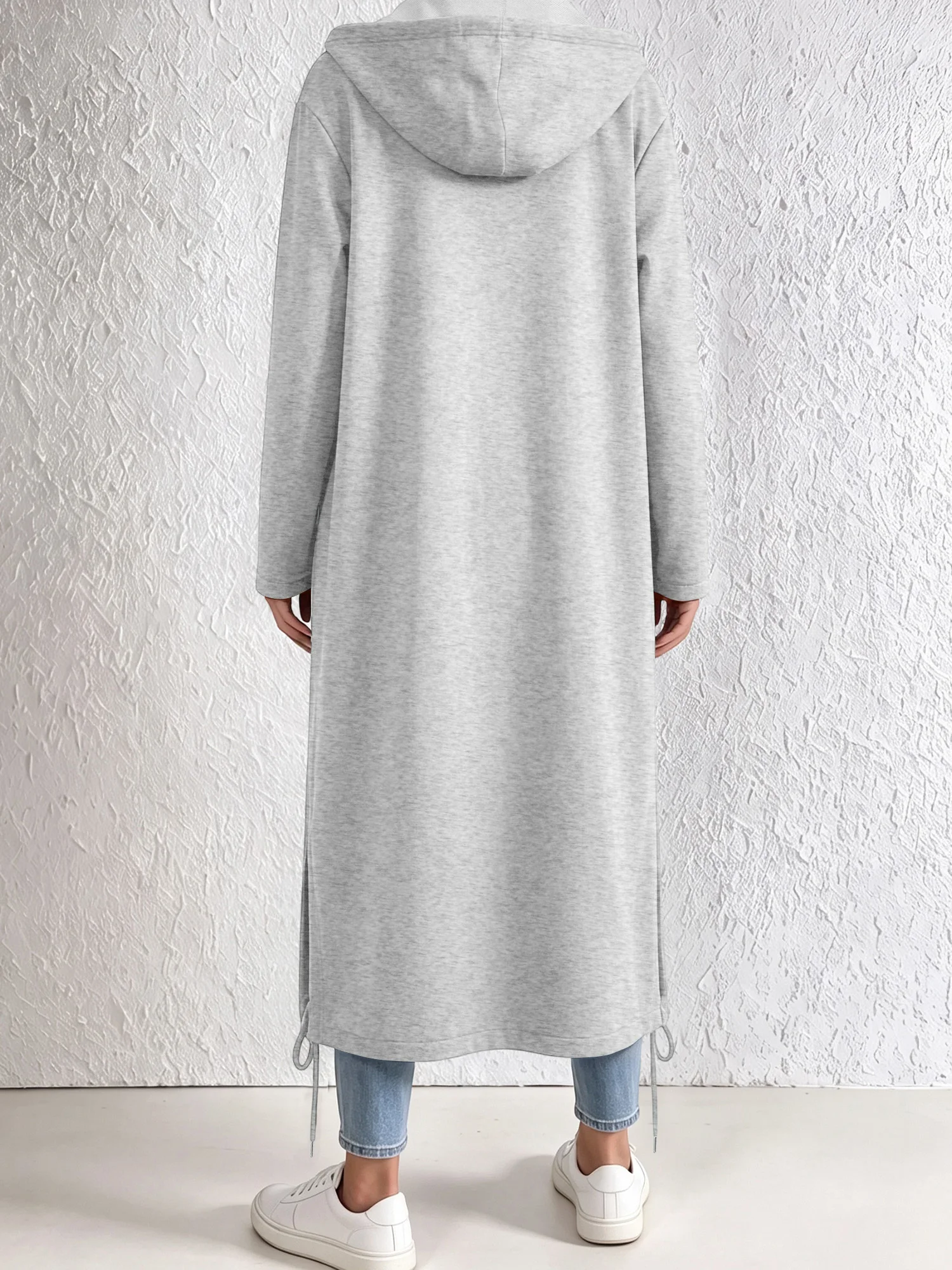 Ladies Casual Long Hoodie Overcoat Zip Front Side Split Hem Drawstring Loose Longline Sweatshirt Outerwear