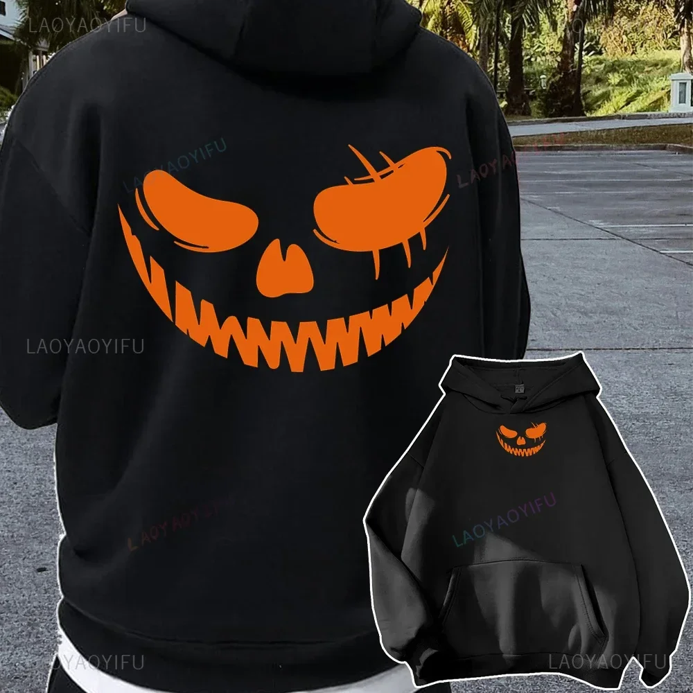 Halloween Pumpkins Orange Hoodies Casual Long Sleeves Hooded Funny Pumpkin Face Sweatshirts Halloween Couple Pullover Tops