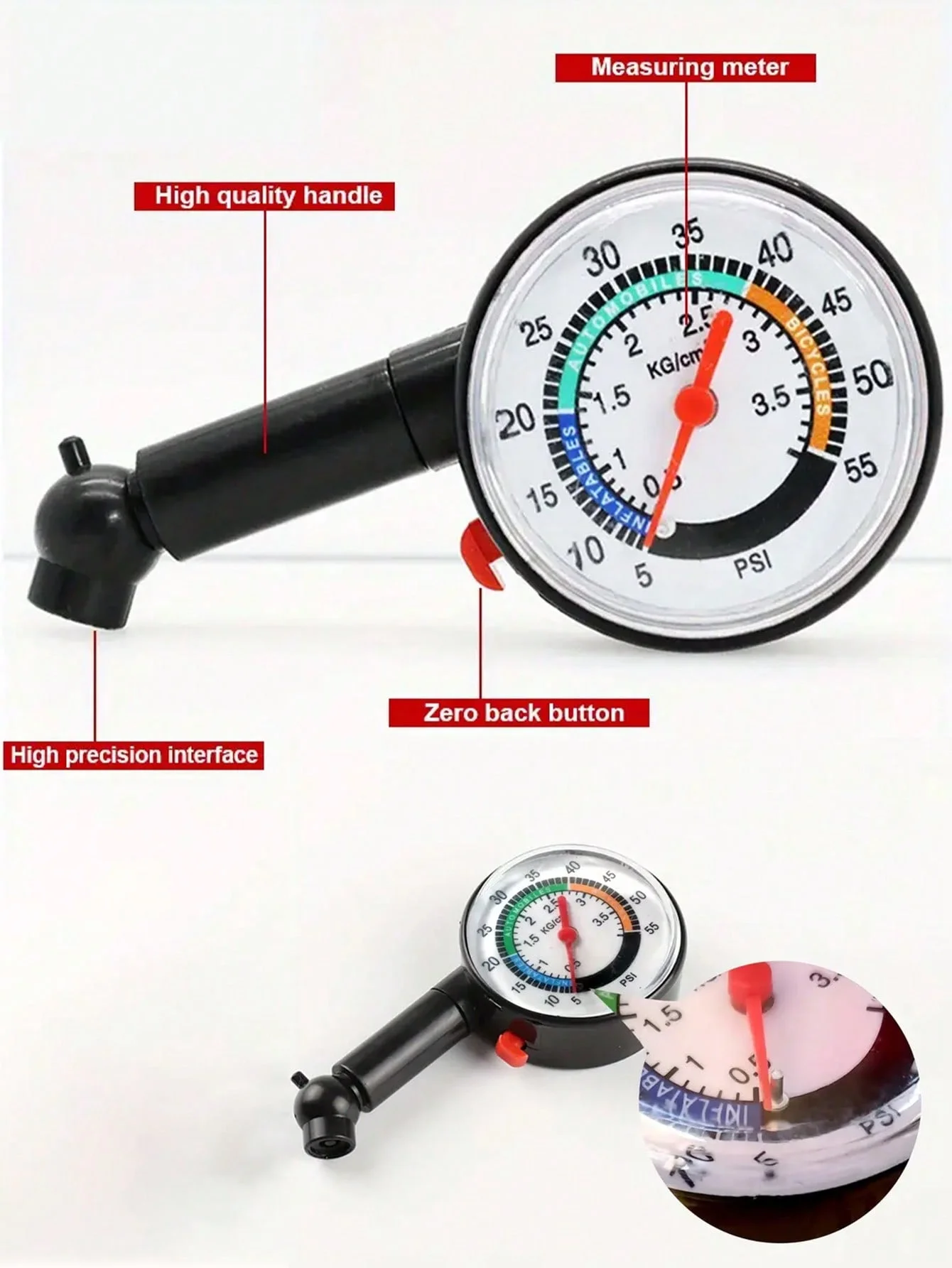 고정밀 기계식 타이어 압력 게이지, 아날로그 다이얼(PSI/KG/cm²), 내장형 릴리스 밸브, 내구성 있는 PET 플라스틱 본체, 컴파