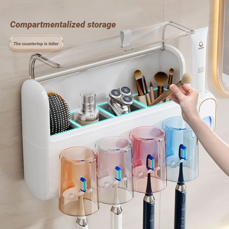 No Drill Wall Mounted JOYBOS Toothbrush Holder Family Set With Toothpaste Dispenser Bathroom  Dust Proof Shelf Organizer Home