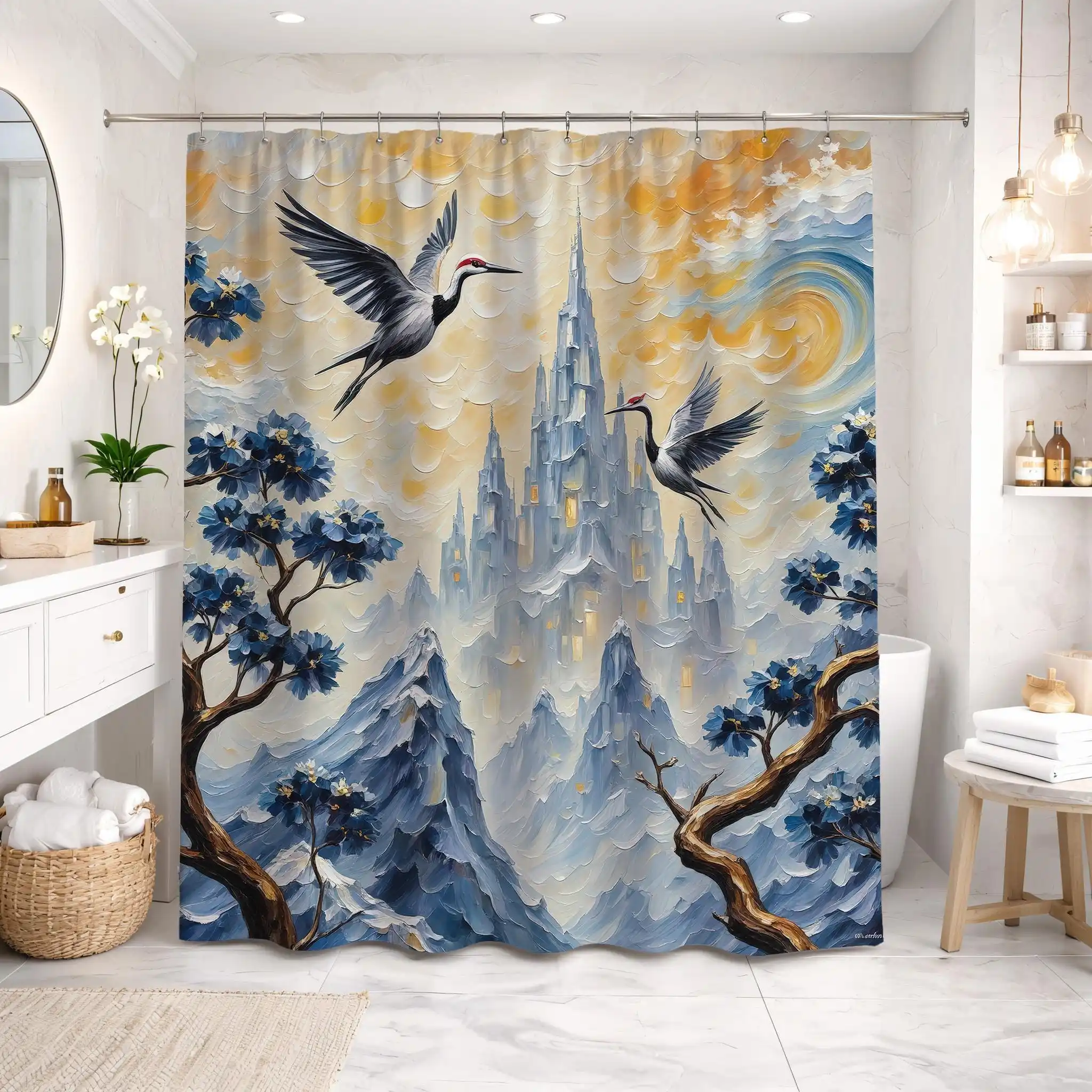 Fantasy Castle and Blue Birds Shower Curtain Waterproof Bathroom Decor Tapestry for Modern Home Bathrooms