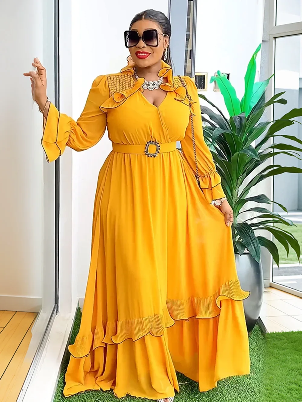 فساتين زفاف أفريقية للحفلات المسائية للنساء 2025 صيفي برقبة على شكل حرف v بوليستر 3/4 كم فستان طويل ماكسي ملابس أفريقيا