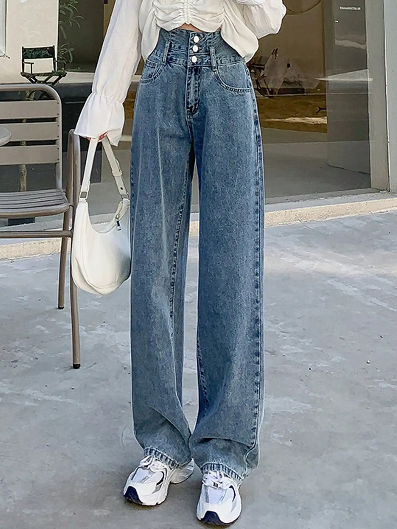 

Retro American High Waist Button Wide Leg Jeans Women's Slimming Floor-Length Straight Cut Denim Pants Summer Chic Style