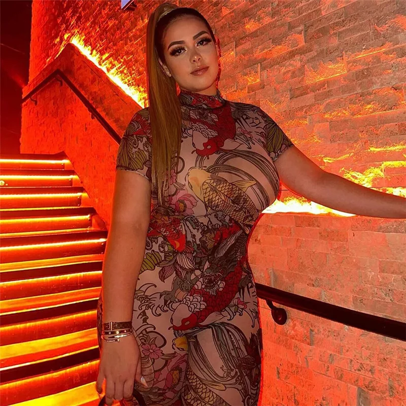 Backless Dragon Print Short Sleeve Stretchy Streetwear Bodycon One Piece Mesh Women's Jumpsuits