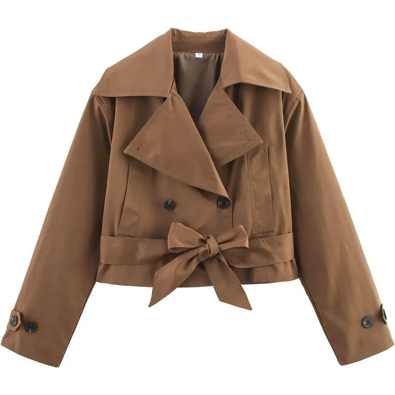 

Women Oversized Lapel Cropped Trench Coat Double Breasted Jacket with Bow Tie Waist Belt Casual Fashion Outerwear
