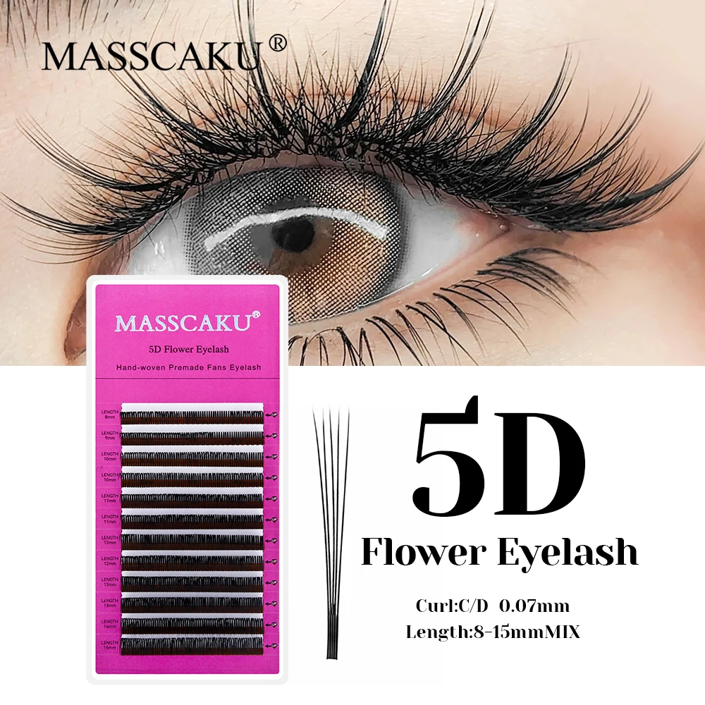 MASSCAKU 5D Flower Eyelashes Extensions 8-15mm Mix 0.07mm Thickness Mega Matte Black Comfortable Flora Lashes for Makeup Lovers