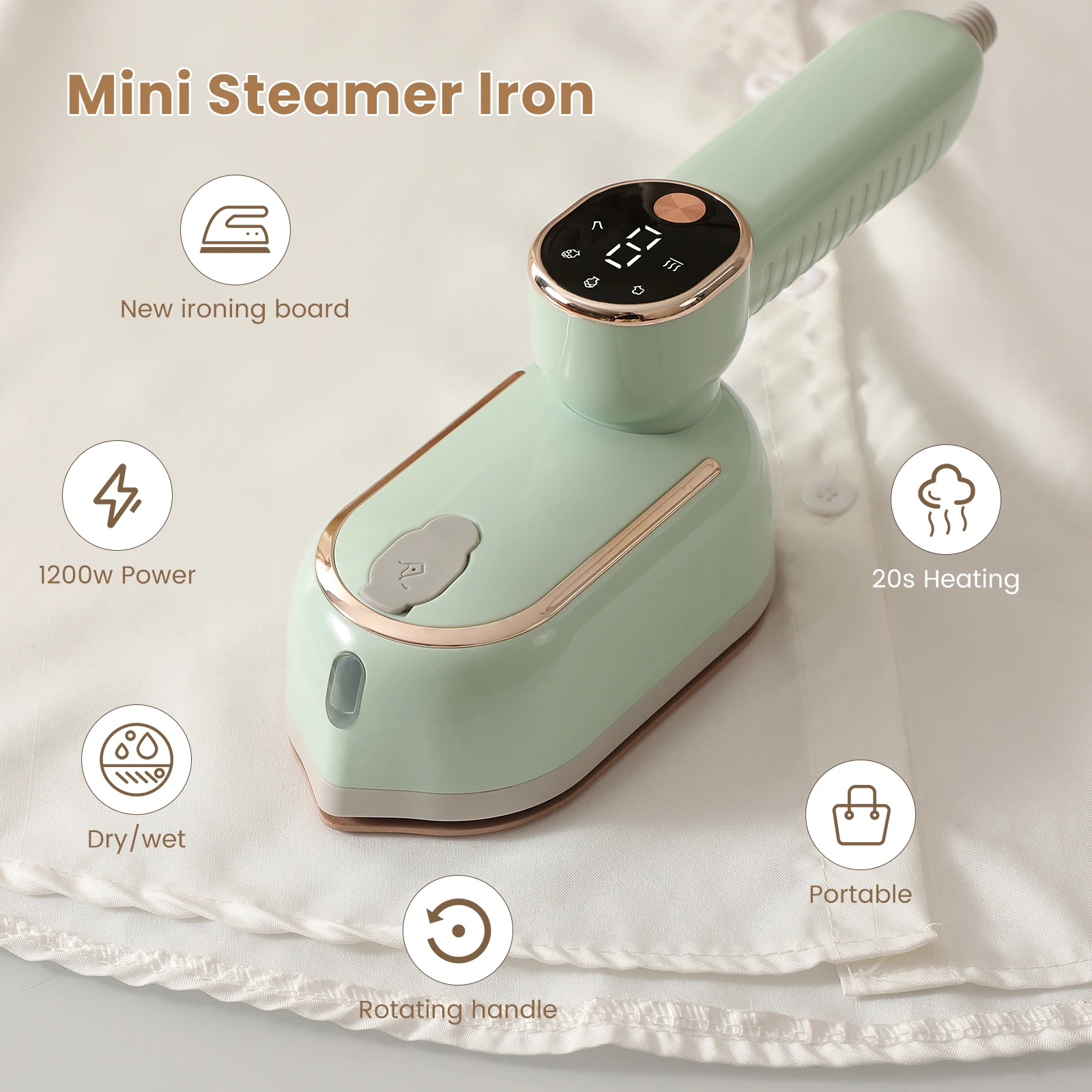 Draagbaar mini-stoomstrijkijzer met vier temperatuurregelaars en krachtige roterende draagbare strijkmachine.