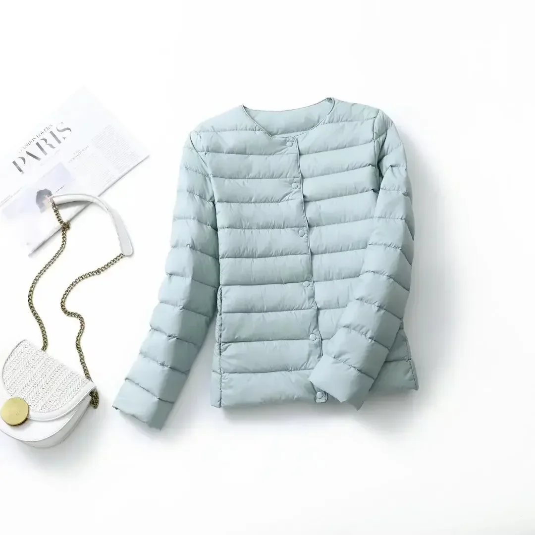 New Female Light Down Coat Women Liner Duck Down Jacket O-neck Variable V-neck 2024 Fall Collarless Light Quilted Puffer Coat