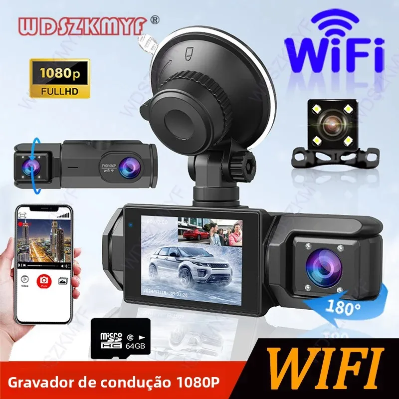 Câmera Veicular WIFI para Carro, 2/3 Canais, Gravador de Vídeo 1080P, Dashcam, Caixa Preta, DVR Automotivo, Câmera Traseira Opcional, Acessórios para Carro