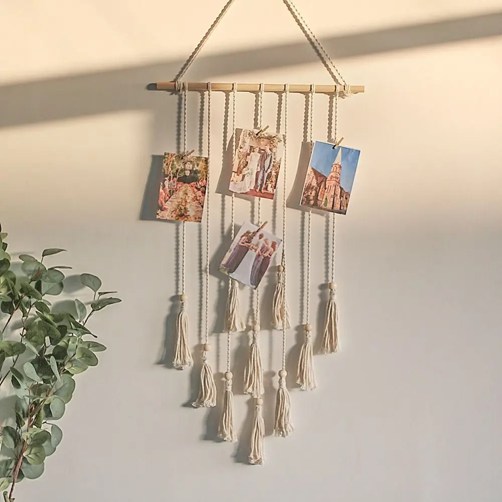 เก็บภาพผ้าฝ้ายเชือกทอ Tapestry ทําด้วยมือพู่ผมคลิปจี้ประณีต Creative Wall แขวนจี้ในร่ม