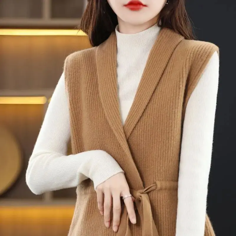 Two Piece Set of New Western-style Vest Sweater for Women with Loose Lace Up Sleeveless Jacket Versatile and Slim Knit Camisole