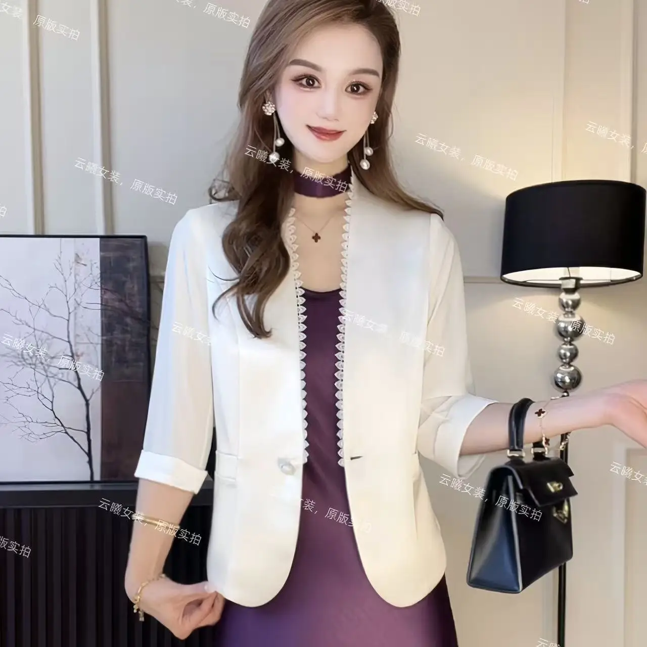 Champagne Gold Lace Suit Summer Light  Breathable Sunscreen Seven-Quarter Sleeve Suit | The Back Of The Sleeves Is Yarn Purple