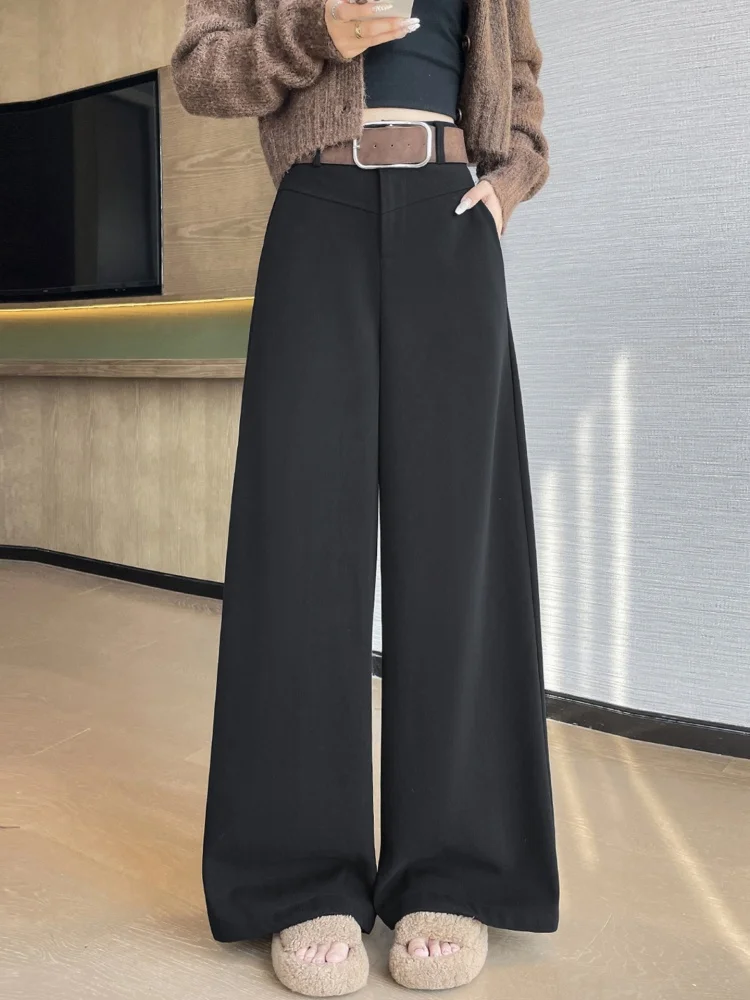 コーヒー色の裏地付きワイドレッグスーツパンツ レディース ハイウエスト ドレープ フロア丈パンツ 通勤 スタイリッシュ 無地