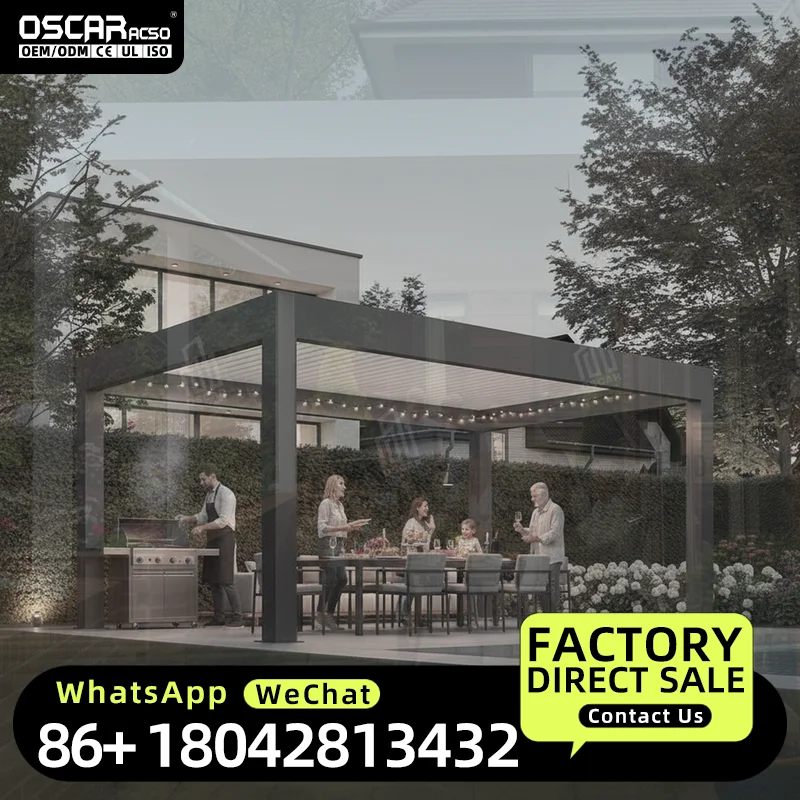 Modern Automatic Outdoor Bioclimatic Aluminium Structure for Patio Garden Similar to Gazebo  Ideal for Relaxing Dining Entertain