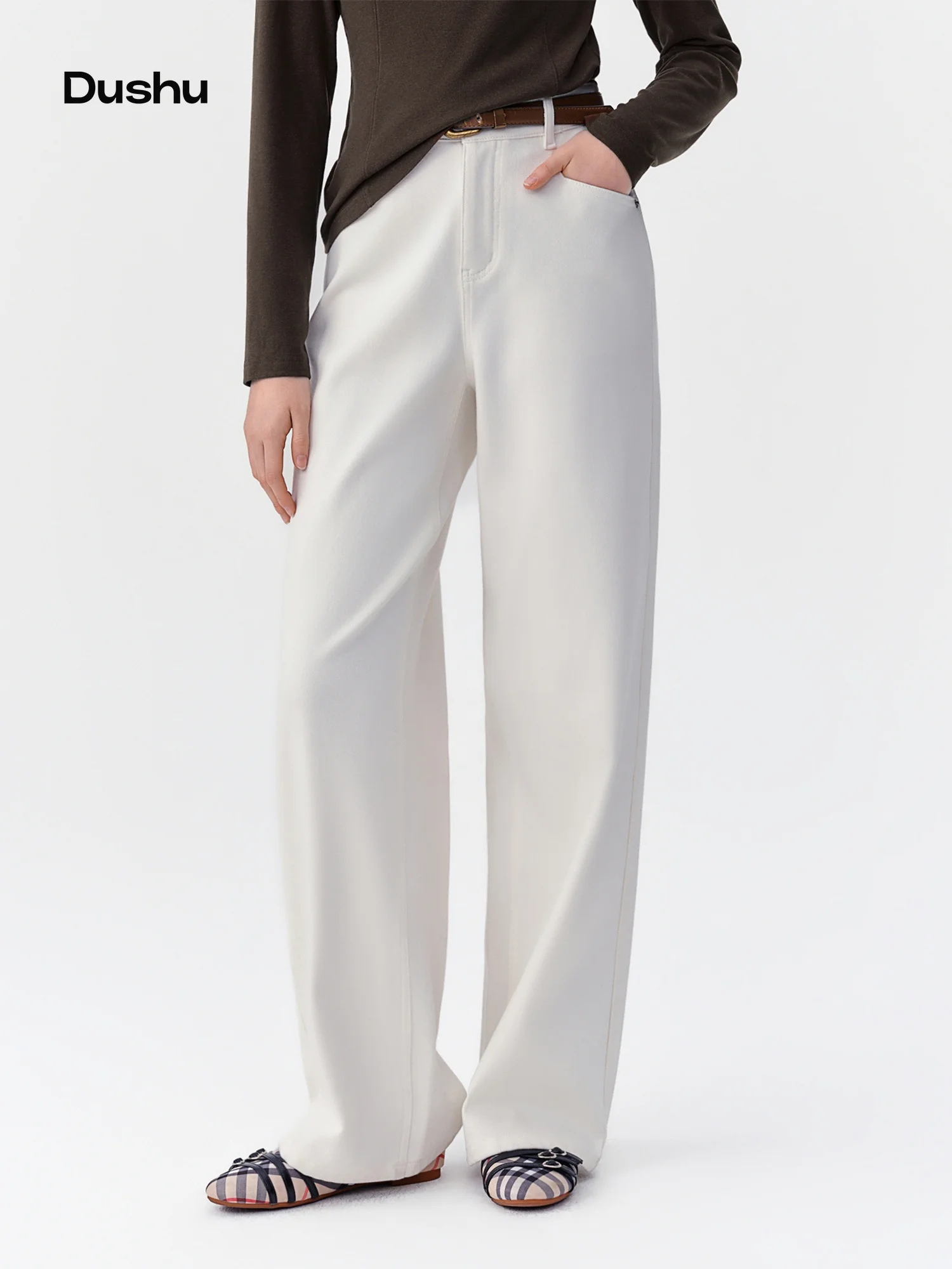 DUSHU 2026 Winter Women's Brushed Stretch High Waist Straight Leg Jeans - Versatile Chic for Office Commute & Daily Wear