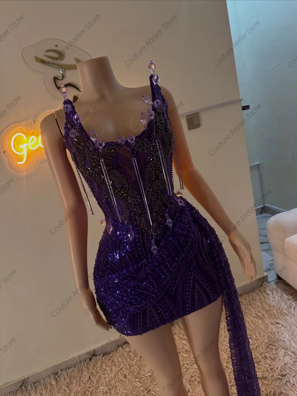 فساتين حفلة موسيقية بدون حمالات من حجر الراين الأرجواني بدون حمالات للفتيات السود ذيل جانبي فساتين حورية البحر لحفلات الزفاف حسب الطلب #4