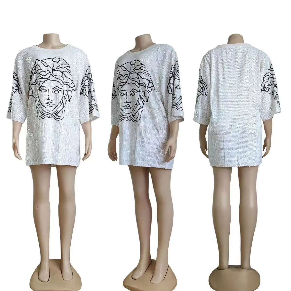 Chic Ins European Creativity Pattern Short Sleeves Sequined Women T-Shirt Loose Tee Dress Long Top Punk Girls
