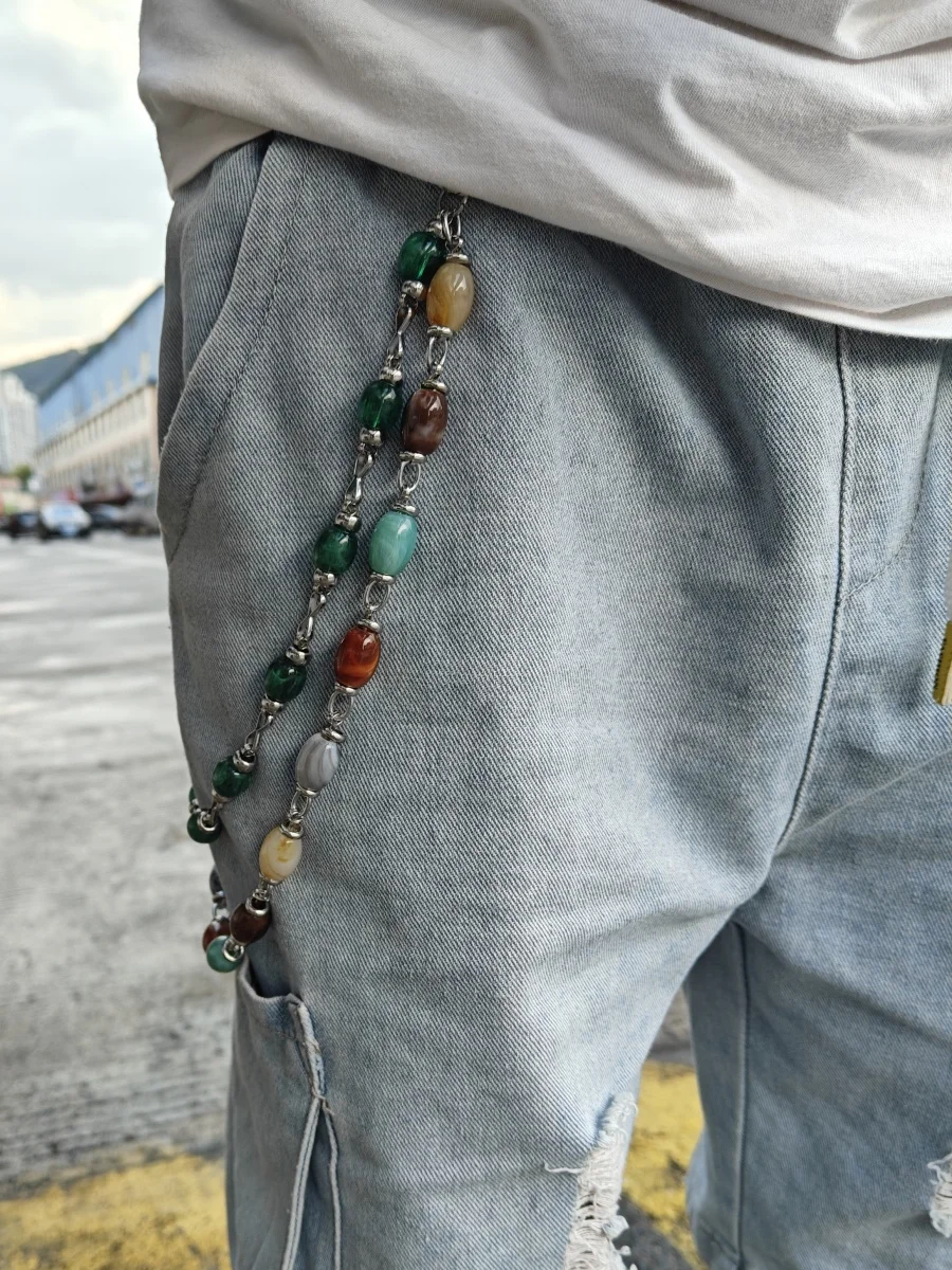 Farbiger Achat-Lmitations-Jade und Edelstein, mehrfarbige Hosenkette, böhmischer Stil, modische Luxus-Accessoires für Männer und Frauen – Detail 4
