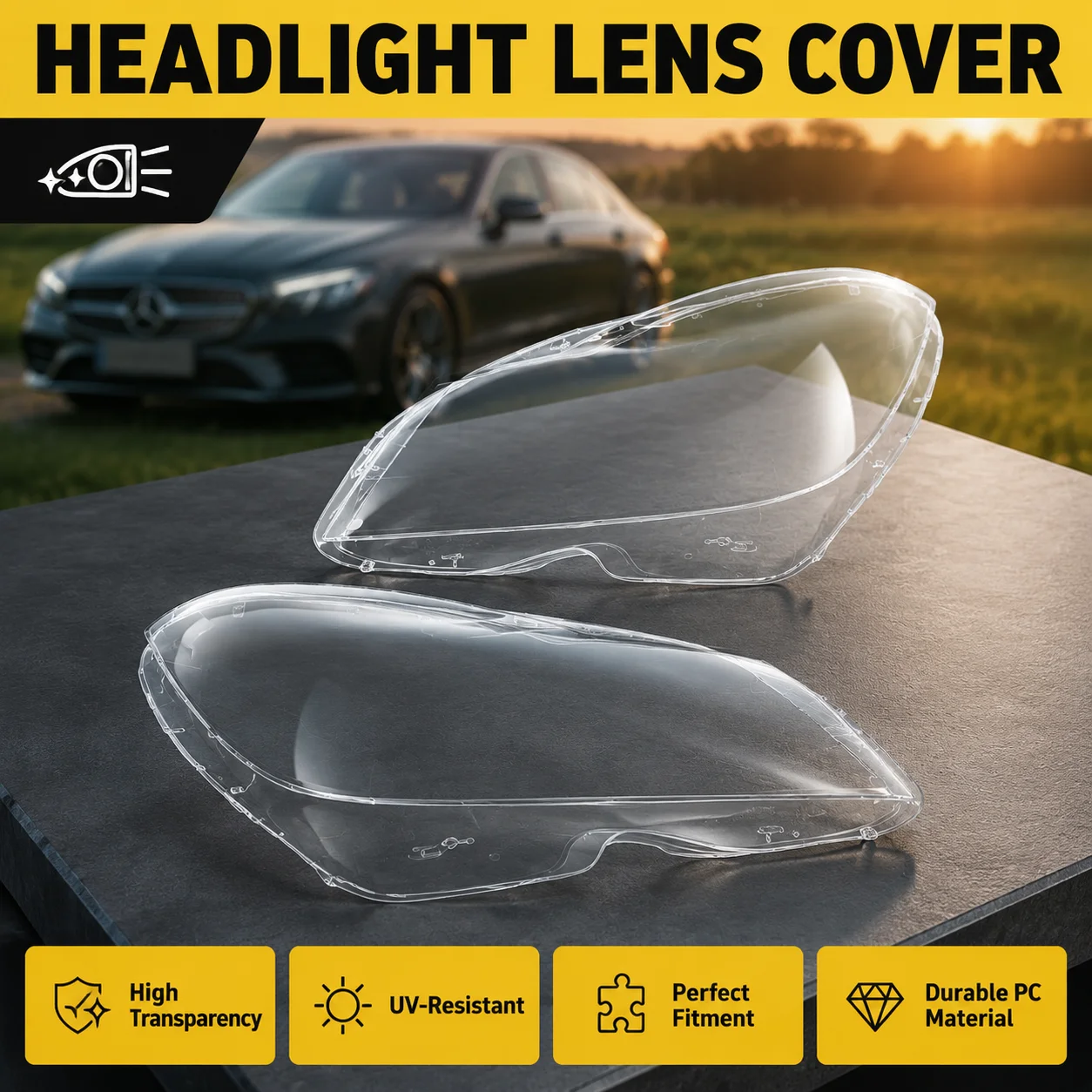 Couverture transparente pour lentille de phare avant, en PC rigide, résistante aux UV, anti-jaunissement, paire pour Mercedes-Benz Classe C W204 2011-2013, remplacement de lentille de phare, haute transparence, résistante à l'usure, installation facile, accessoires extérieurs