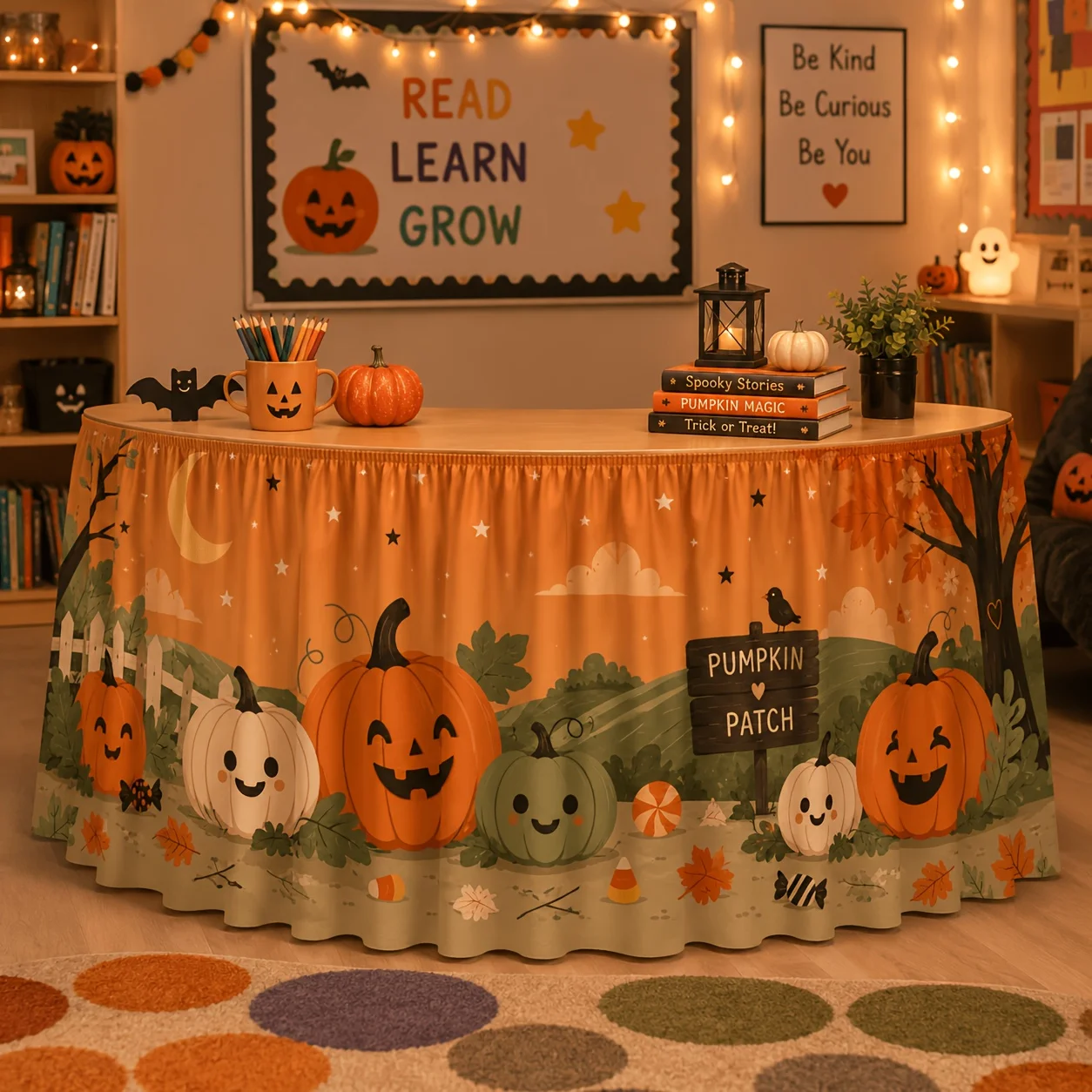 One table skirt, cute pumpkin-themed Halloween table skirt, featuring smiling colorful autumn harvest Halloween partyxzj