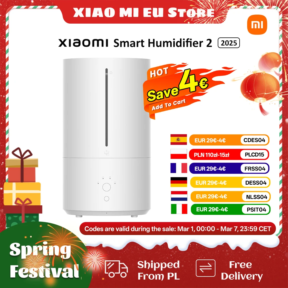 Xiaomi Smart Luftbefeuchter 2, verbesserter 4,5 l intelligenter Luftbefeuchter, UV-C-Licht, Luftreiniger, automatischer Modus, leise für Zuhause