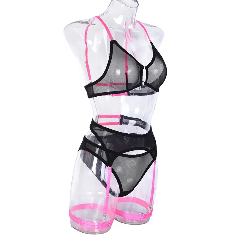

Sexy Lingerie 2022 December New Cross - Border Source Sexy Mesh Three - piece Set With Garter Belt And Leg Rings Women's Hot Nov