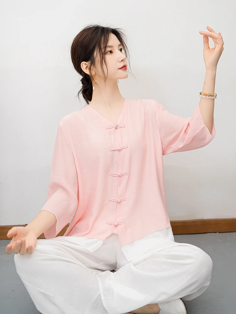 Autumn Summer New Cotton Linen Tai Chi orm Women's Chinese Sle Retro Artistic Tea Clothing Yoga Set Loose Meditation