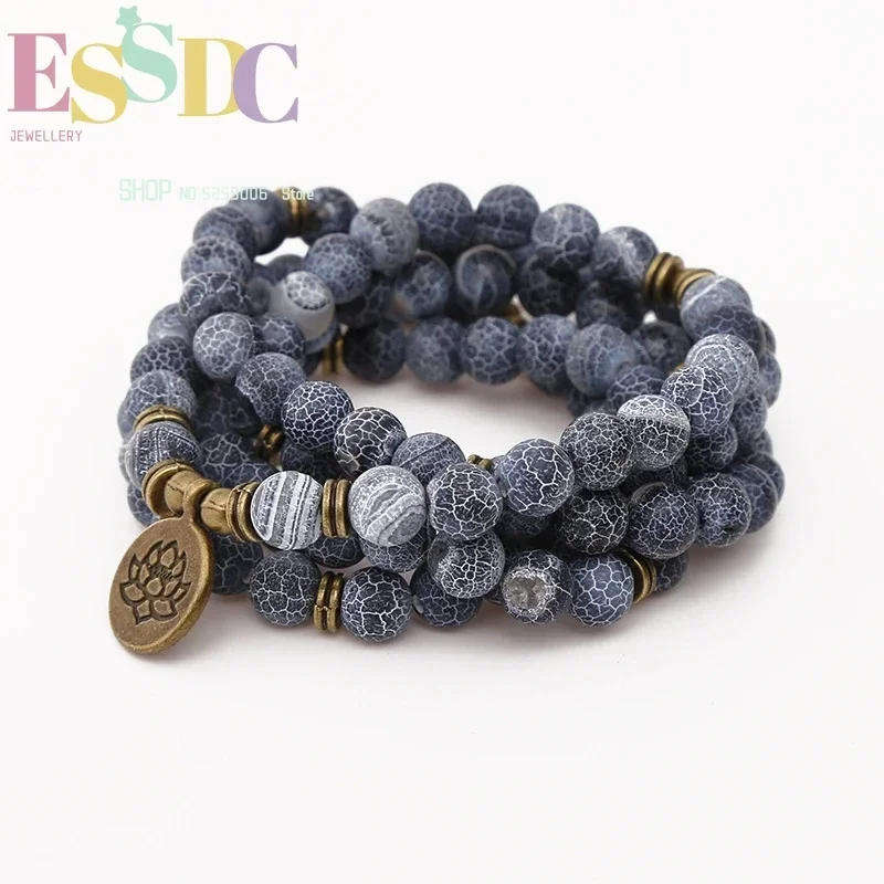 New Arrival 8mm Natural Blue Texture Stone 108 Mala  or Necklace with Lotus Charm Male Beaded Bracelet Wholesale