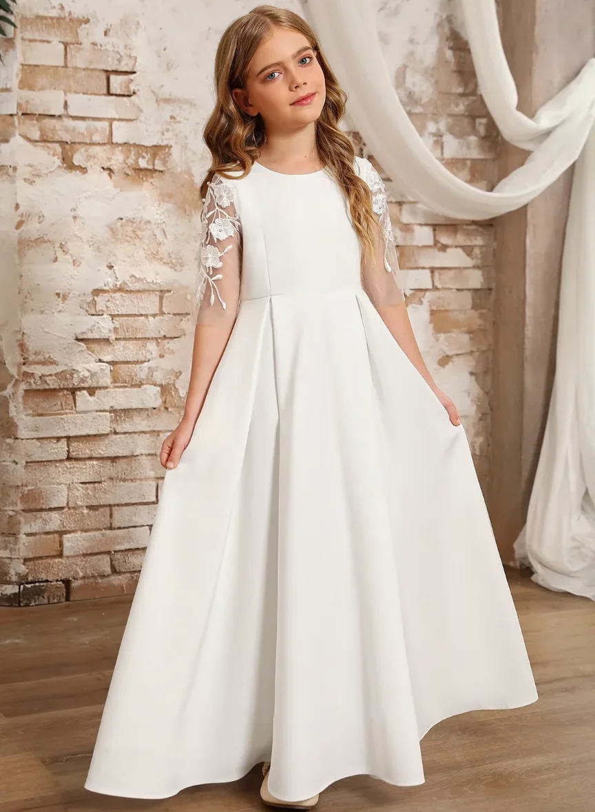 2025 Blumenmädchenkleid in A-Linie mit weißen Flecken, bodenlang, 4-Wege-Stretch-Hochzeitskleid für Mädchen nach Maß
