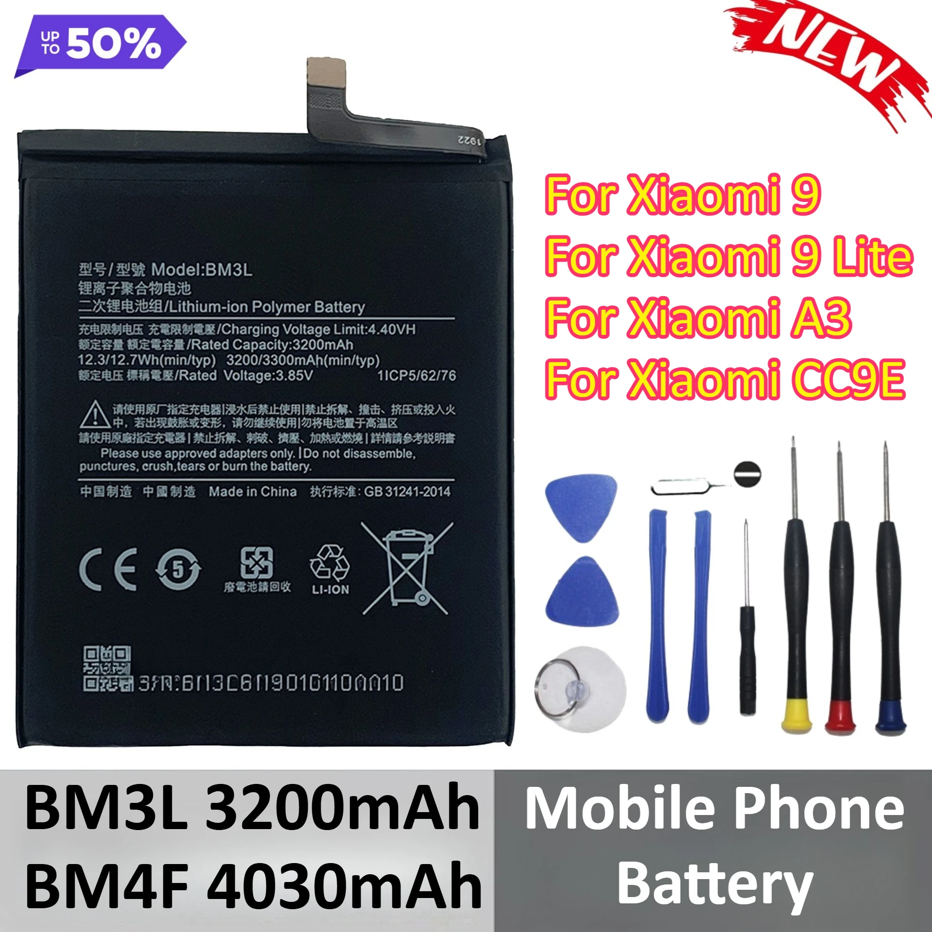 

3200mAh 4030mAh BM3L BM4F Lithium Battery for Xiaomi 9 9 Lite A3 CC9E Mobile Phone Battery +Tools