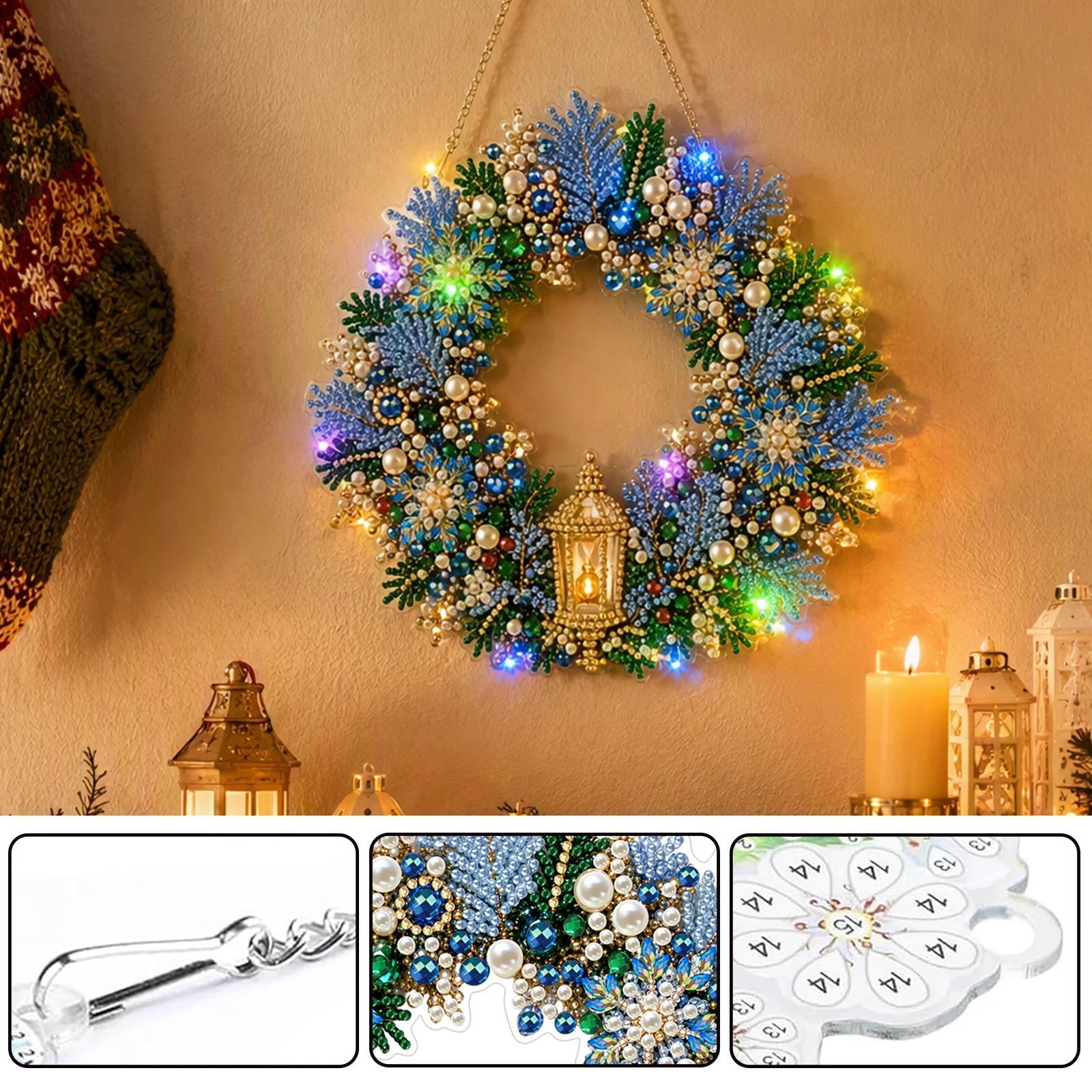 Diamond Painting Christmas Wreath Glow Lights Kit Resin Gems PET Canvas Hanging Chain Double Sided Holiday Decor
