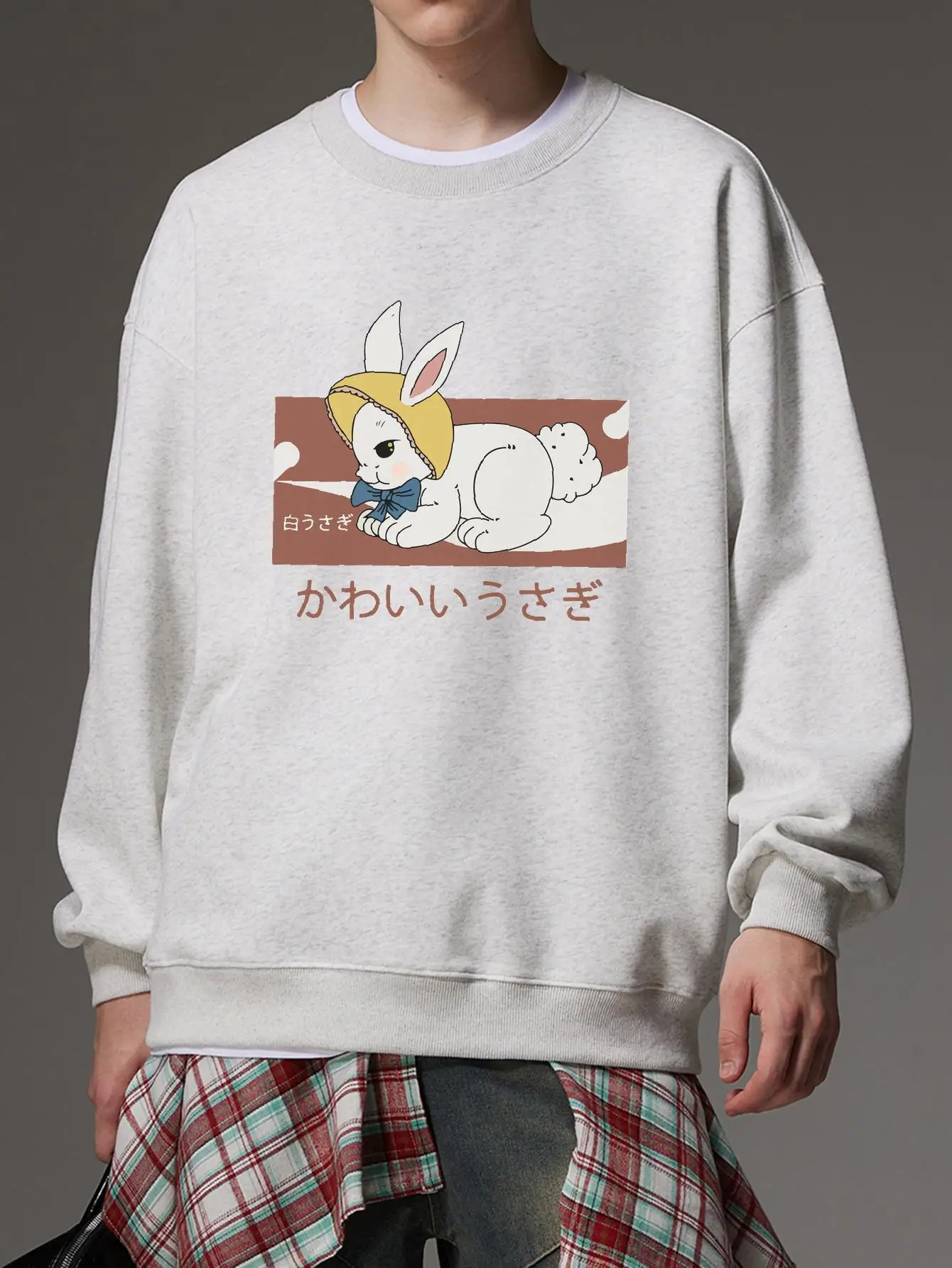 Big White Rabbit Print Kawaii Men Sweatshirts Vintage Y2k Unisex Hoodies O-Neck Drop Shoulder Male Pullovers Oversize Harajuku