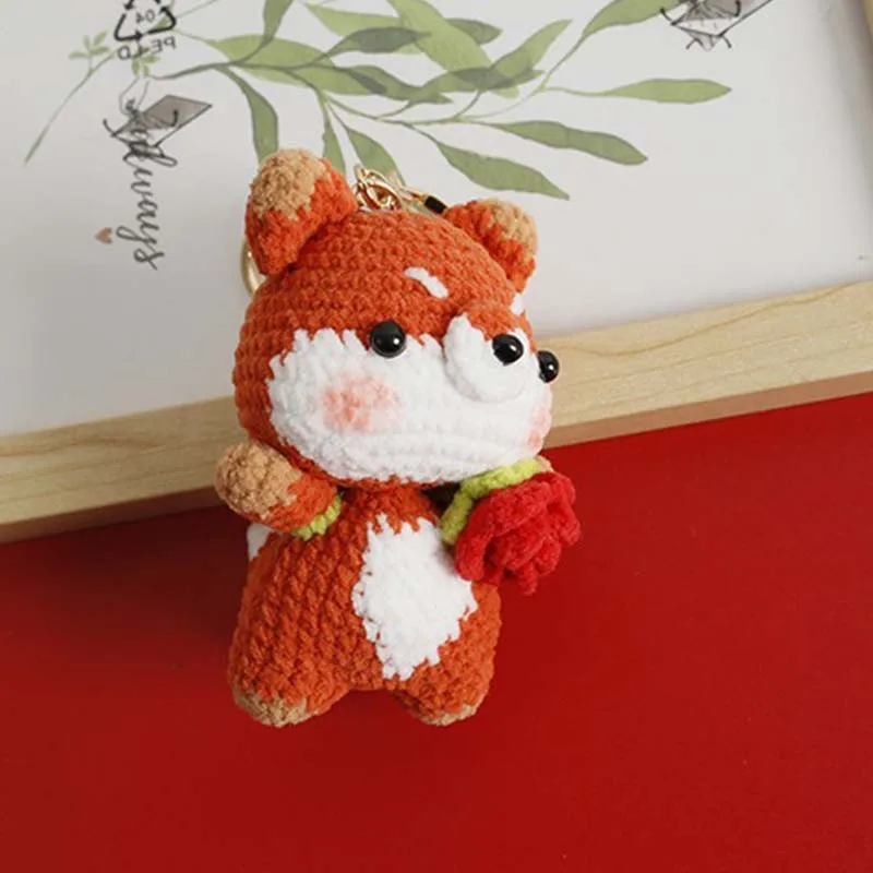 Handmade Crochet Cartoon Key Chain Little Fox Plush Knitted Cartoon Anime Doll Key Ring Pendant Schoolbag Keychain