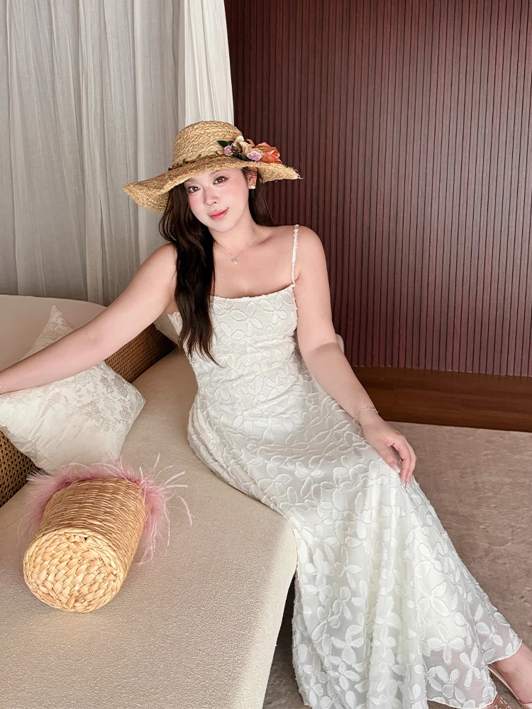 

Floral Embroidery Maxi Dress Vacation Beautiful Slimming Strap Dress French Style Standard Fit Polyester Fiber High Waist