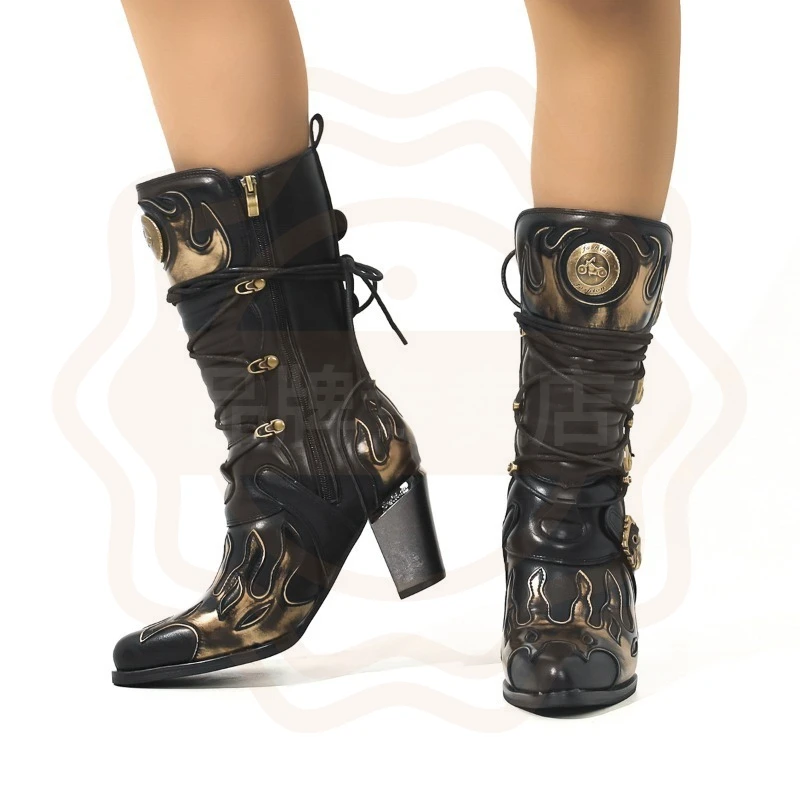 New Arrival Women's Shoes Retro Flame High Heel Boots for Woman Exquisite Punk Motorcycle Boots Designer Shoes Botas De Mujer