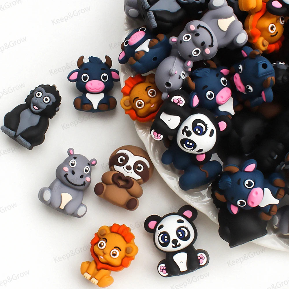 5/20/50Pcs Animal 3D Silicone Beads Cute Panda Cow Hippopotamus Lion Sloth Orangutan Perfect Focal Beads for DIY Jewelry Making