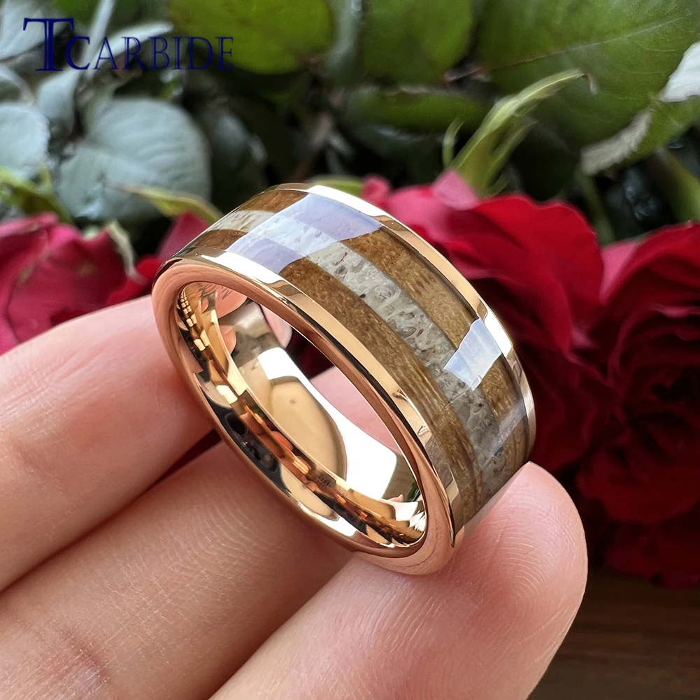 TCarbide 8mm Pipe Cut Rose Wedding Band Men Women Tungsten Carbide Ring With Wishkey Barrel Wood Deer Antler Inlay Comfort Fit