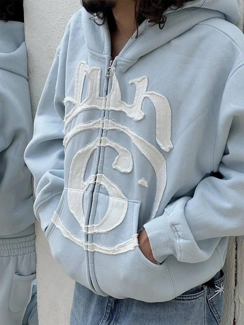 Y2K Clothing New Fashion Letter Embroidery Patch Zipper Hooded Sweater Men Goth… - Image 6