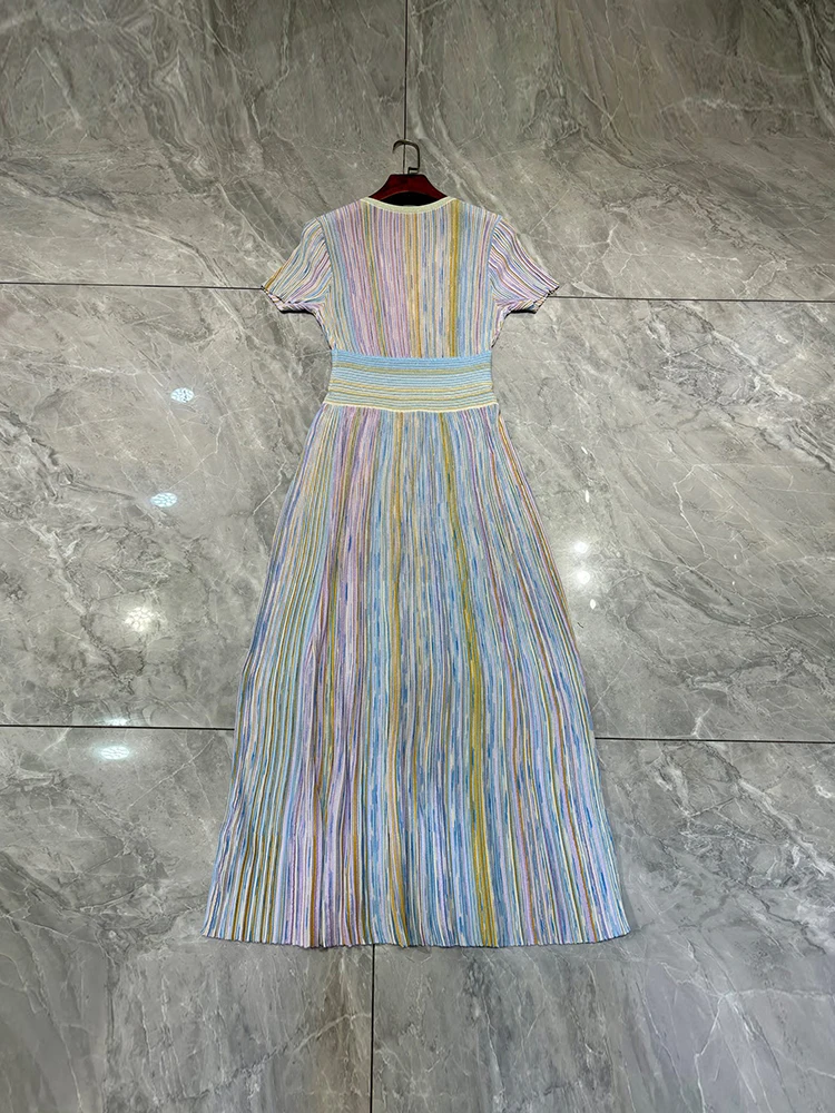 Spring Summer Fashion Party Silver Thread Knitting Striped Long Dress Women's Deep V-Neck High Waist Slim A-Line High Slit Dress