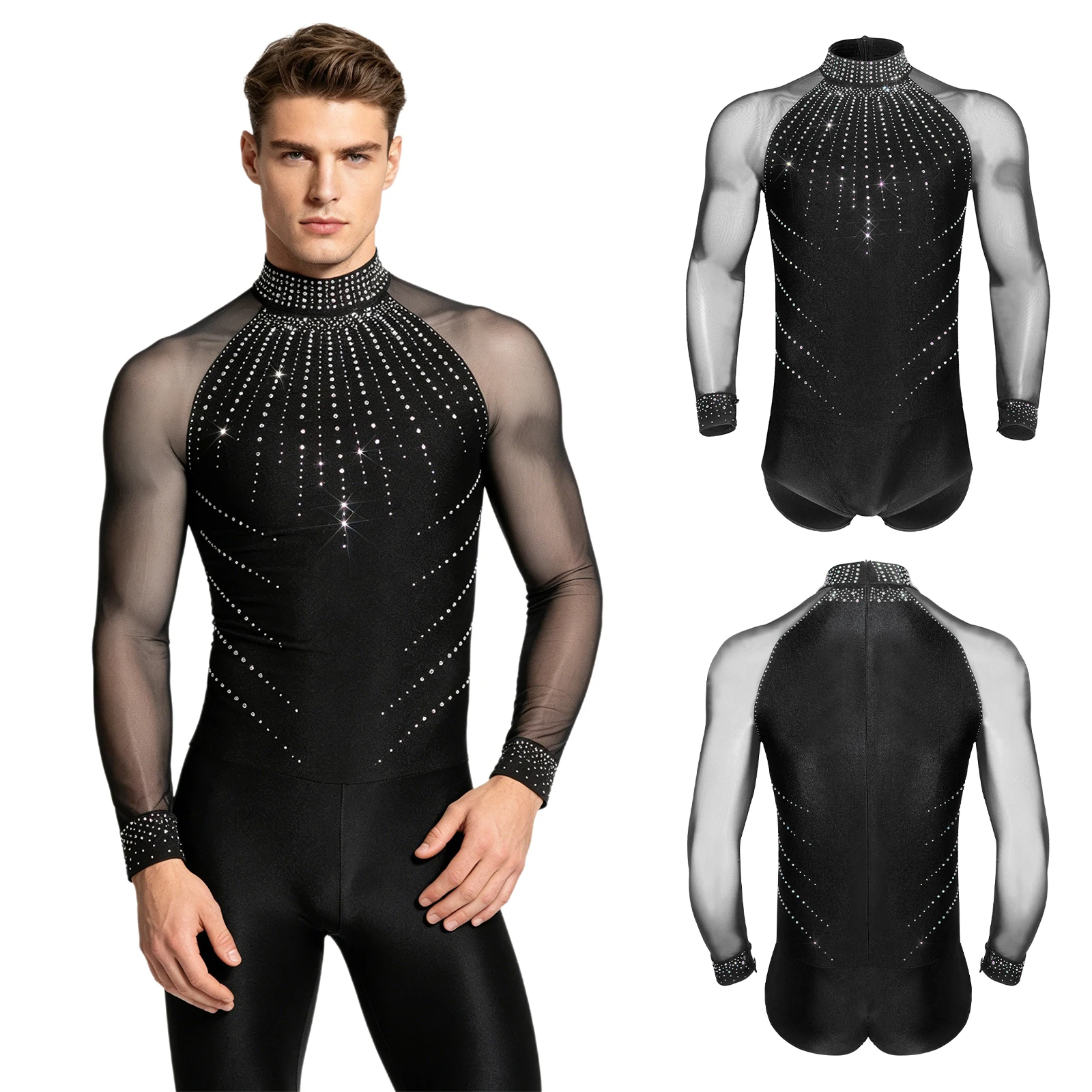 

Men Figure Skating Ballet Jazz Dance Leotards Gymnastics Performance Costume Sparkly Rhinestones Sheer Mesh Long Sleeve Bodysuit