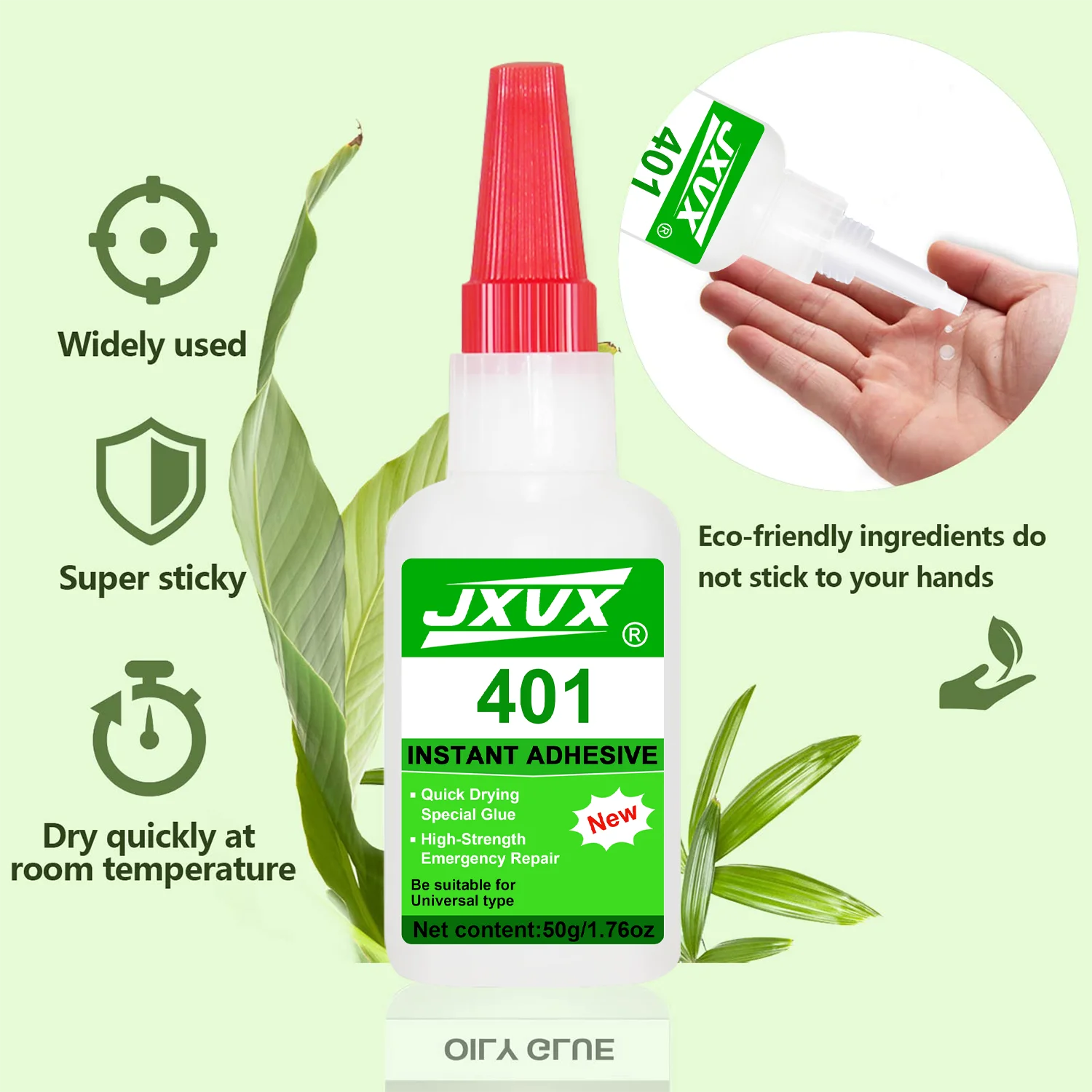 Universal instant glue JXVX 401 50g, anaerobia, transparent and odorless glue liquid, suitable for resin, ceramic, plastic, drink, supplied with precision applicator