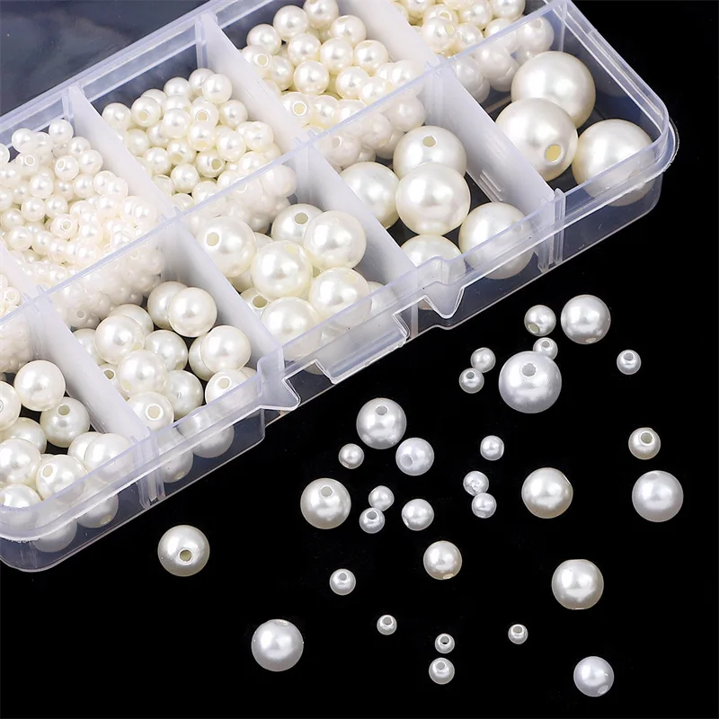 Box Mixed Pearl Beads 3-14mm ABS Loose Round Beads For Craft Jewelry Making White Beige DIY Imitation Garment Sewing Decoration