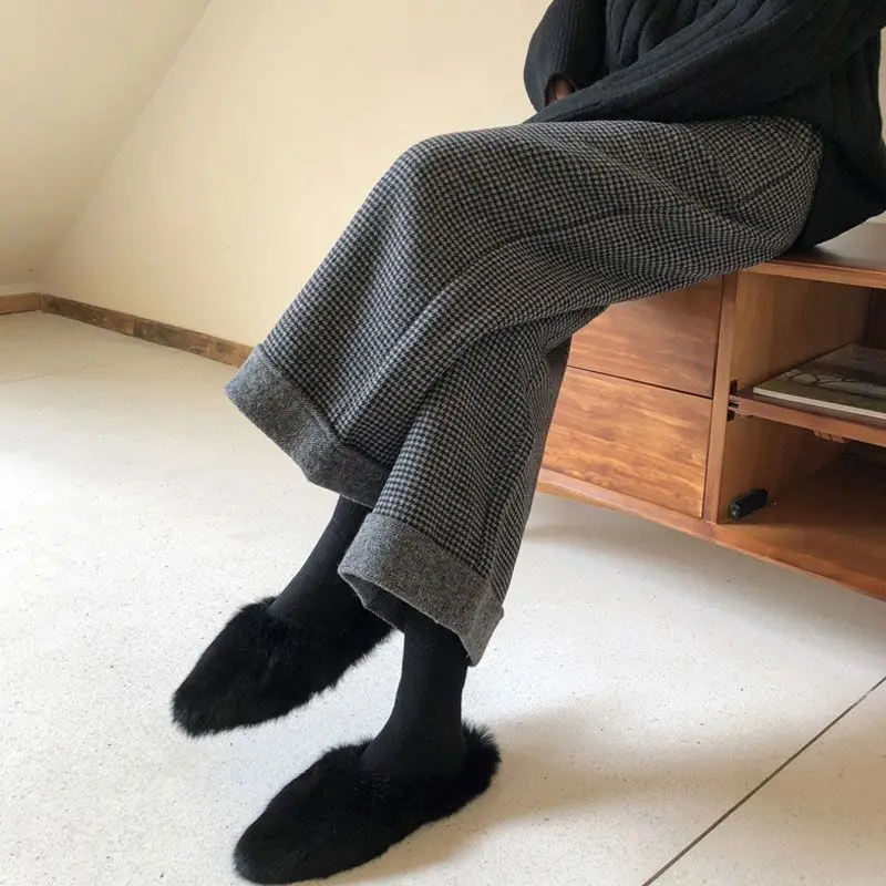 woolen high-end wide-leg pants women's spring and autumn retro high-waisted loose straight-leg pants, thin nine-point pants