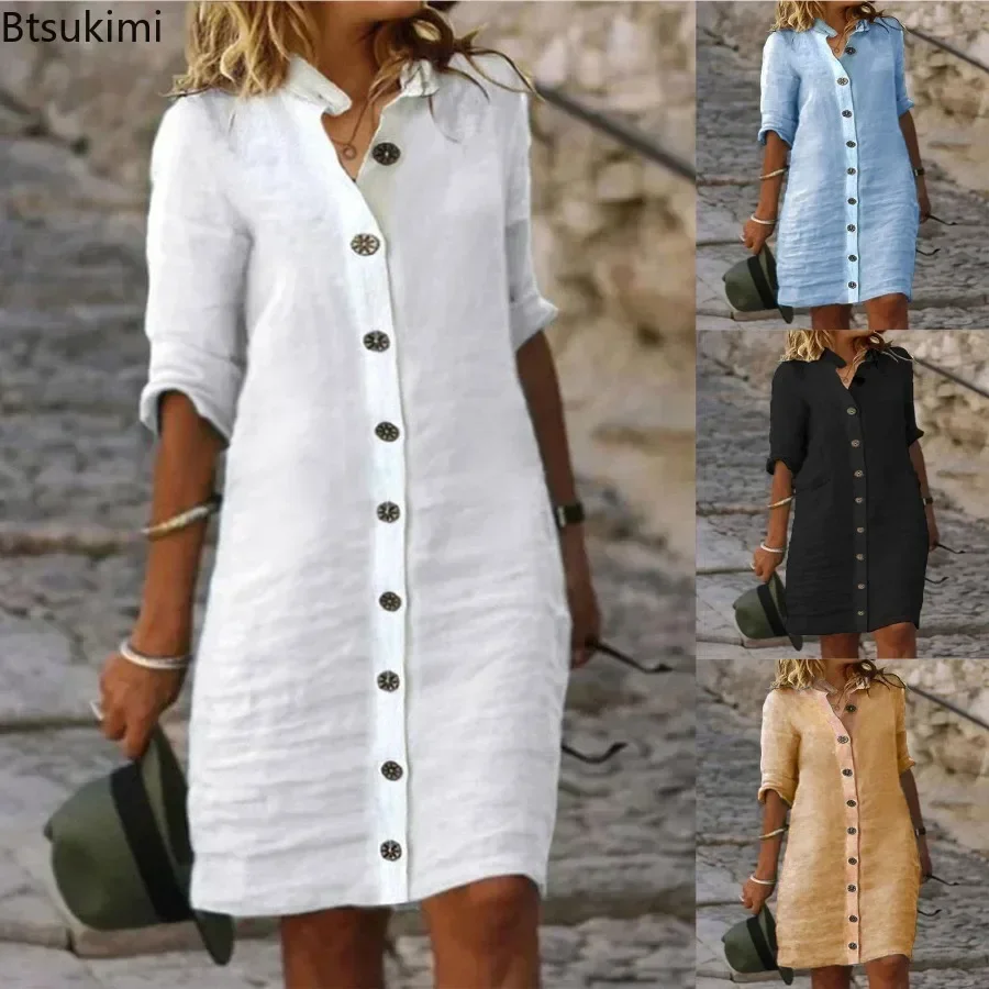 

New 2025 Women's Solid Cotton Linen Shirt Dress Summer Single Breasted Half Sleeve Casual Dress Ladies Loose Beach Vestidos Robe