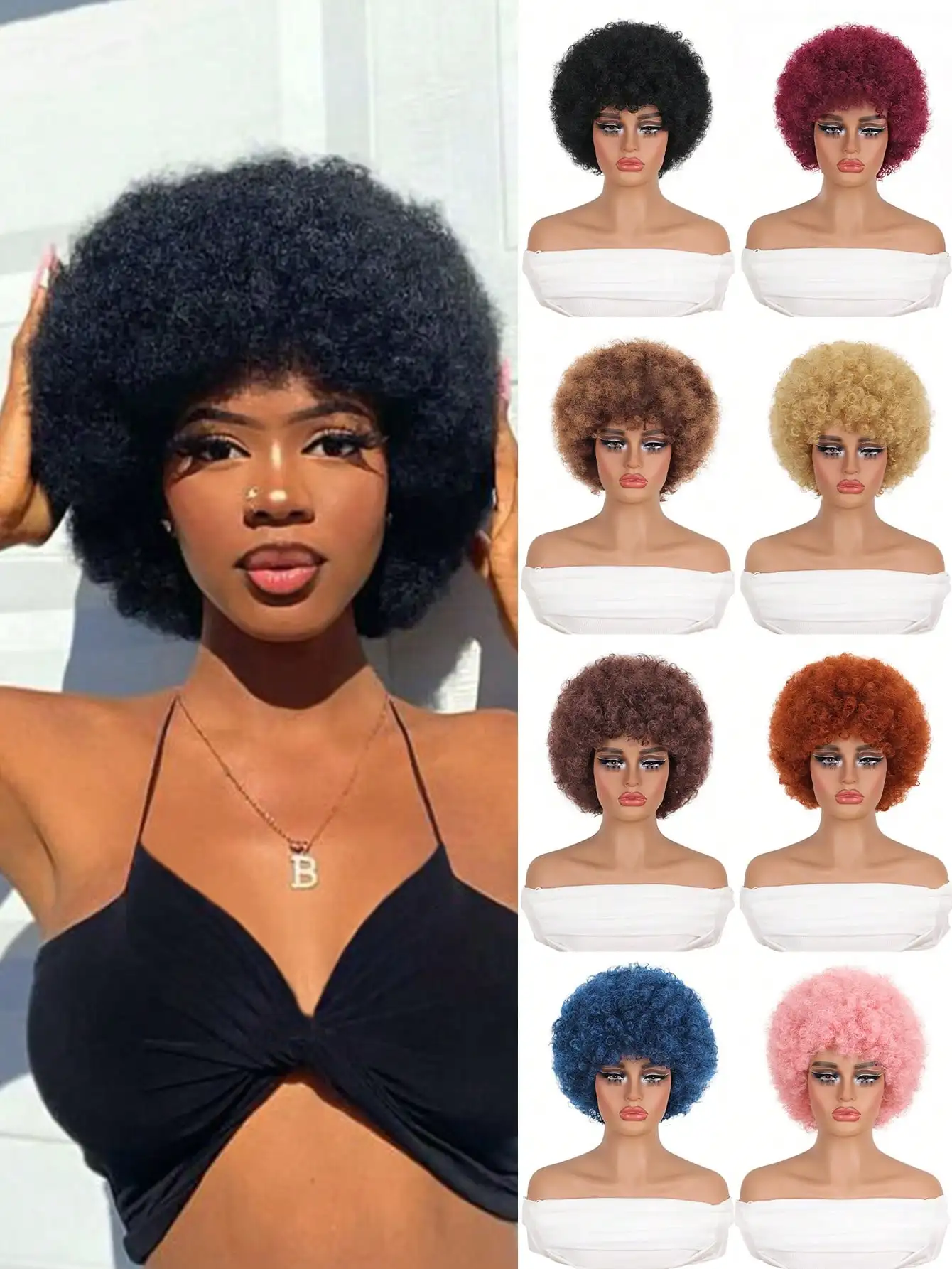 Short African curly wig, naturally voluminous, suitable for parties and daily wear, natural, available in multiple colours